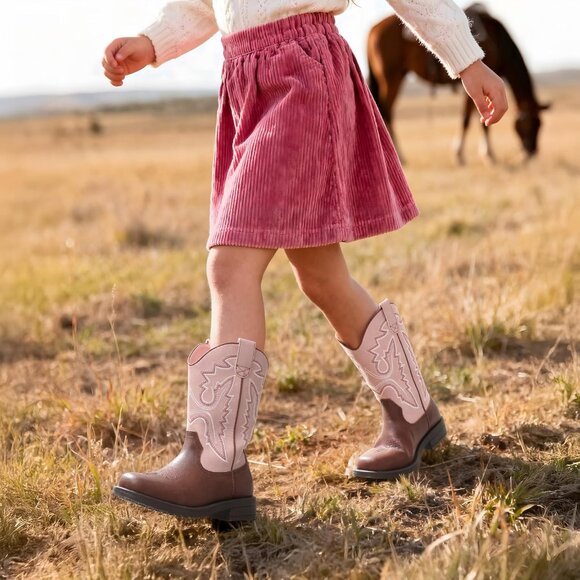 ⚡Girls Pink Brown Cowboy Boots Toddler Mid Calf Western Square Toe Riding Boot - Picture 6 of 6